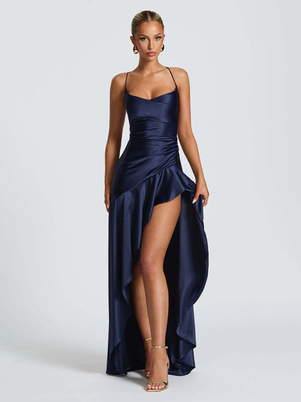 Satin Halter-neck Ruffle High-slit Dress