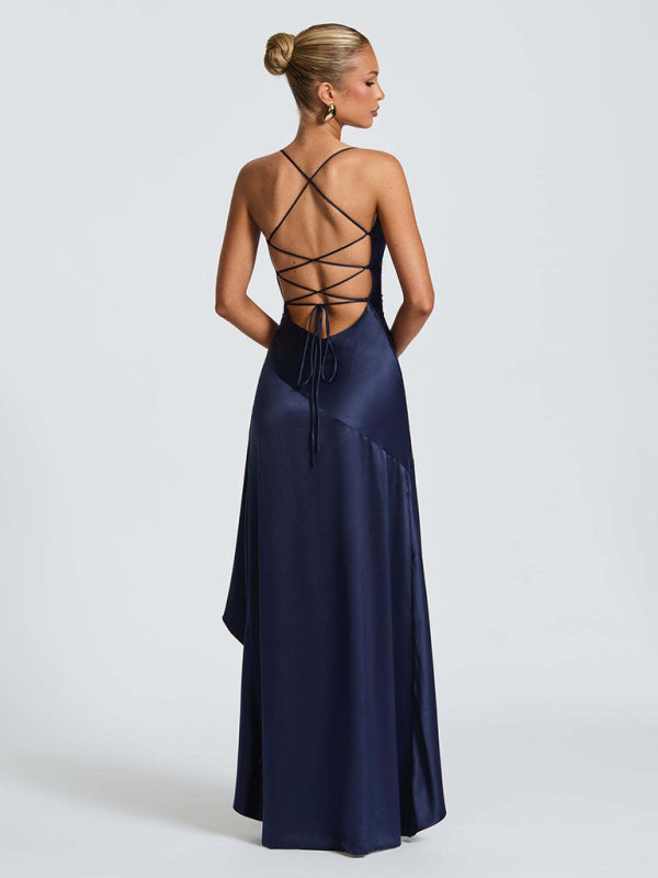 Satin Halter-neck Ruffle High-slit Dress