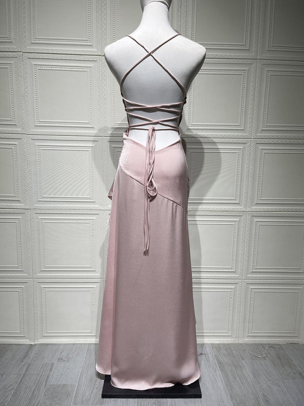 Satin Halter-neck Ruffle High-slit Dress