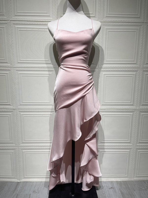 Satin Halter-neck Ruffle High-slit Dress