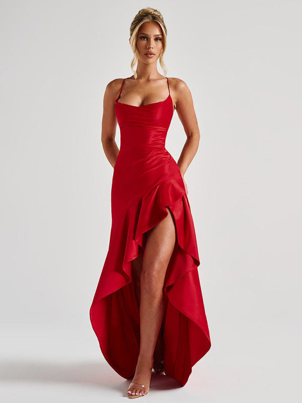 Satin Halter-neck Ruffle High-slit Dress
