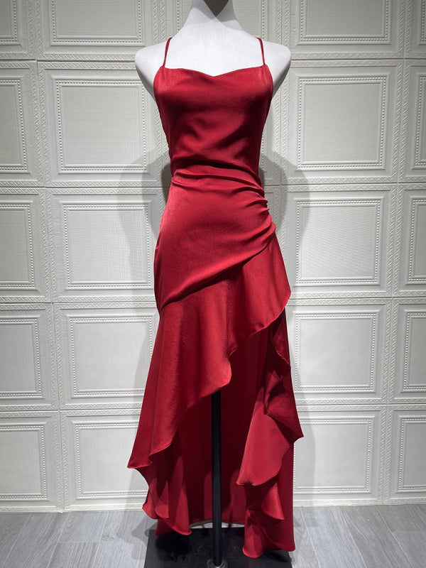 Satin Halter-neck Ruffle High-slit Dress