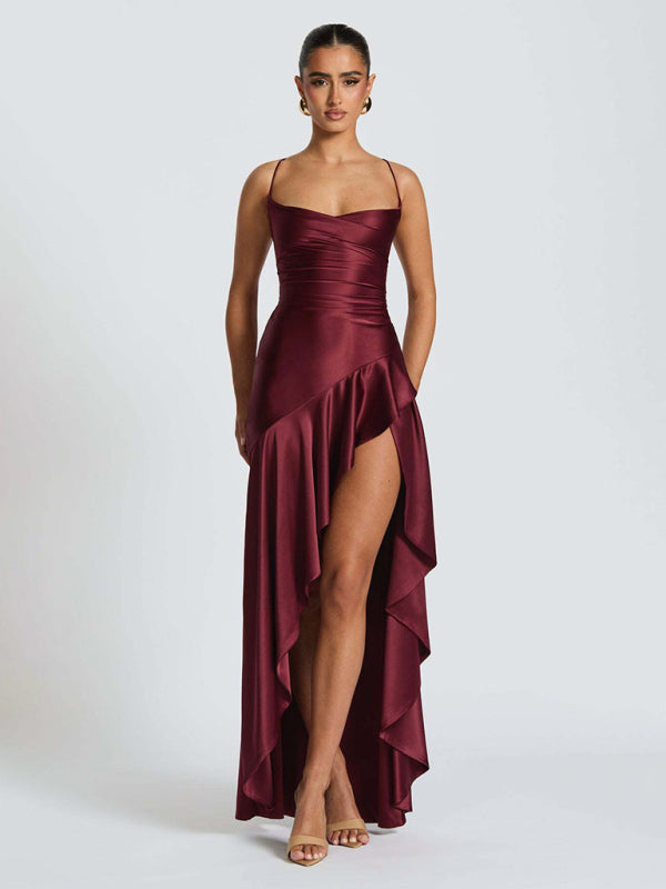 Satin Halter-neck Ruffle High-slit Dress