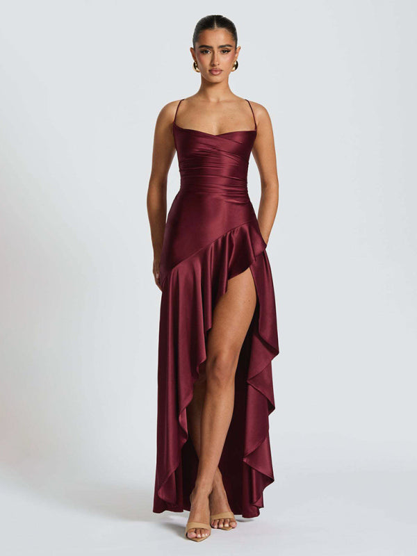 Satin Halter-neck Ruffle High-slit Dress