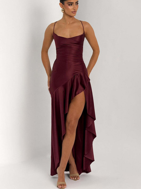 Satin Halter-neck Ruffle High-slit Dress