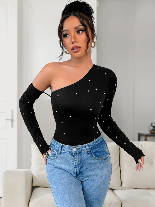 One-shoulder Sequin Long Sleeve Bodysuit