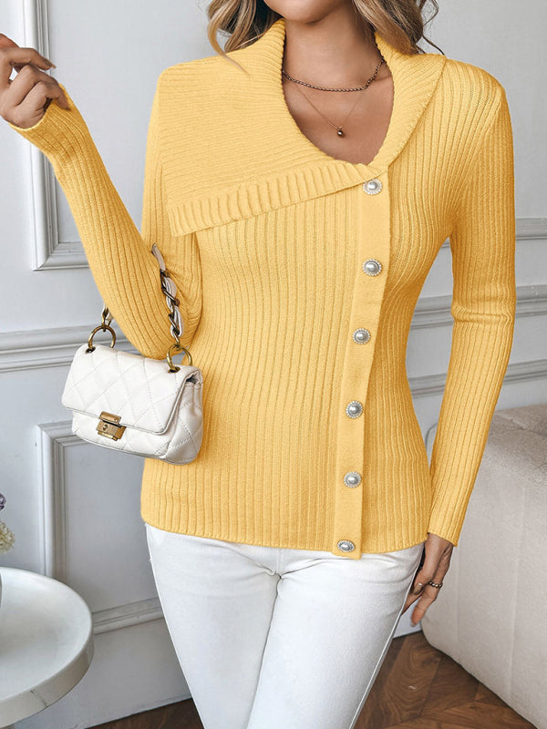Pearl Embellished Asymmetrical V-neck Slim-fit Sweater