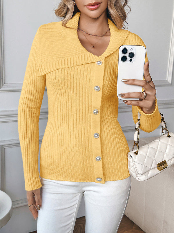Pearl Embellished Asymmetrical V-neck Slim-fit Sweater