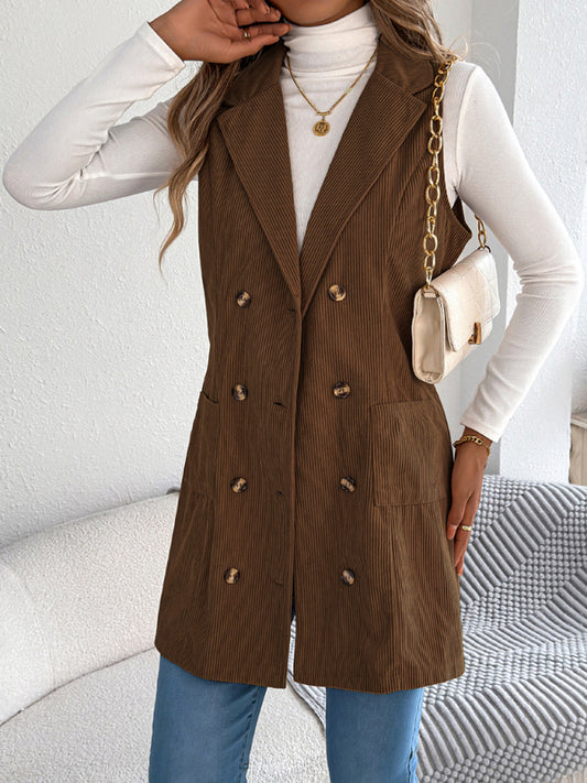 Corduroy Double-breasted Pocket Long Vest Coat