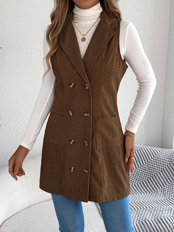 Corduroy Double-breasted Pocket Long Vest Coat