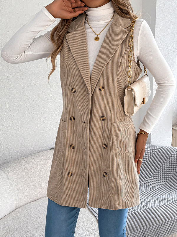Corduroy Double-breasted Pocket Long Vest Coat