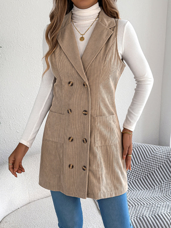 Corduroy Double-breasted Pocket Long Vest Coat