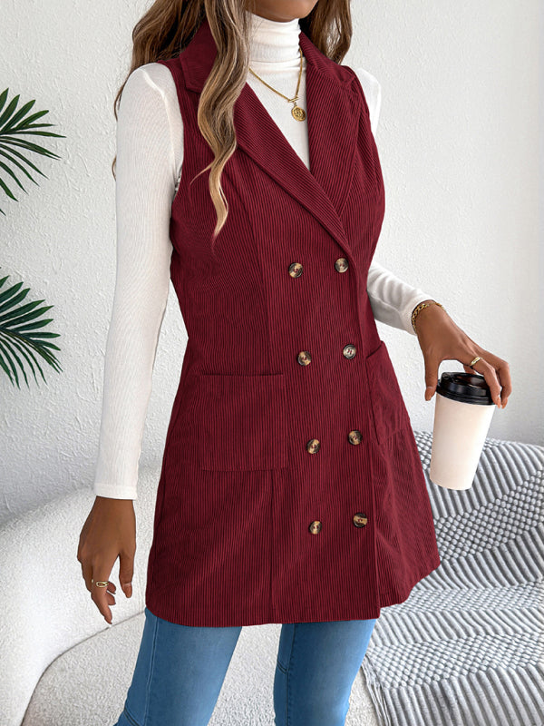 Corduroy Double-breasted Pocket Long Vest Coat