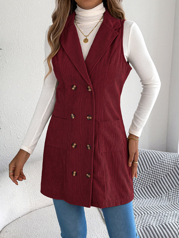 Corduroy Double-breasted Pocket Long Vest Coat