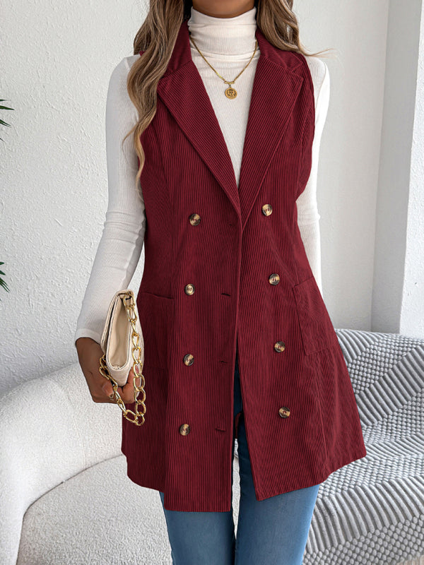 Corduroy Double-breasted Pocket Long Vest Coat