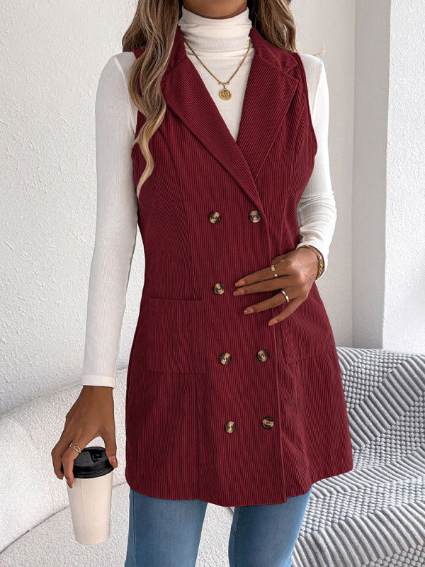 Corduroy Double-breasted Pocket Long Vest Coat