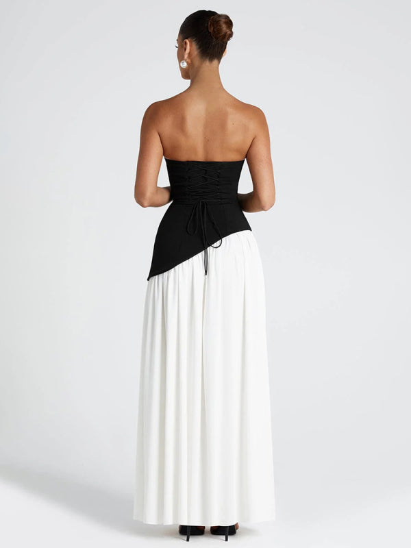 Black and White Colorblock Strapless High-slit Dress