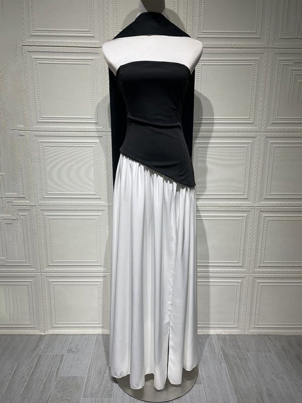 Black and White Colorblock Strapless High-slit Dress