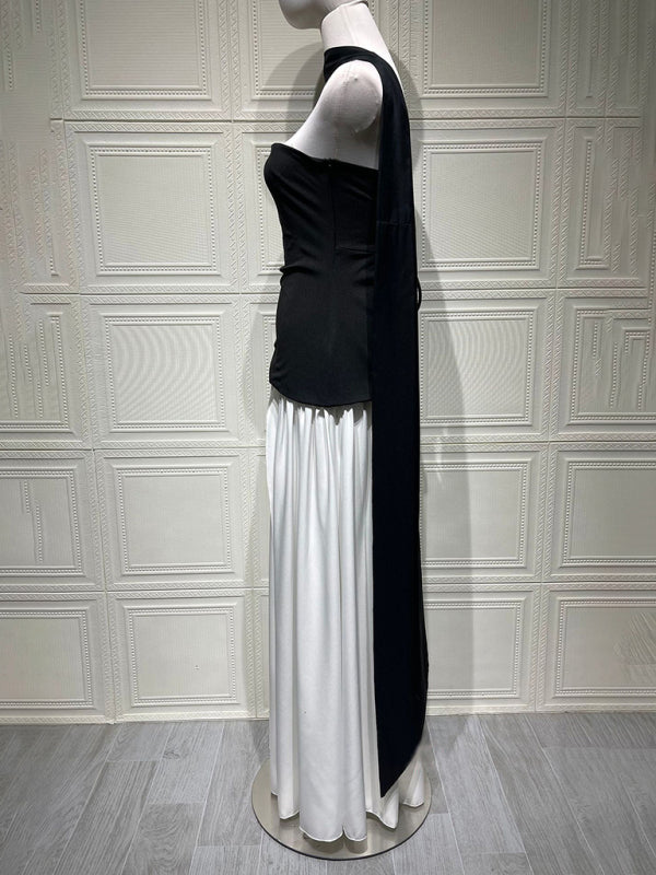 Black and White Colorblock Strapless High-slit Dress