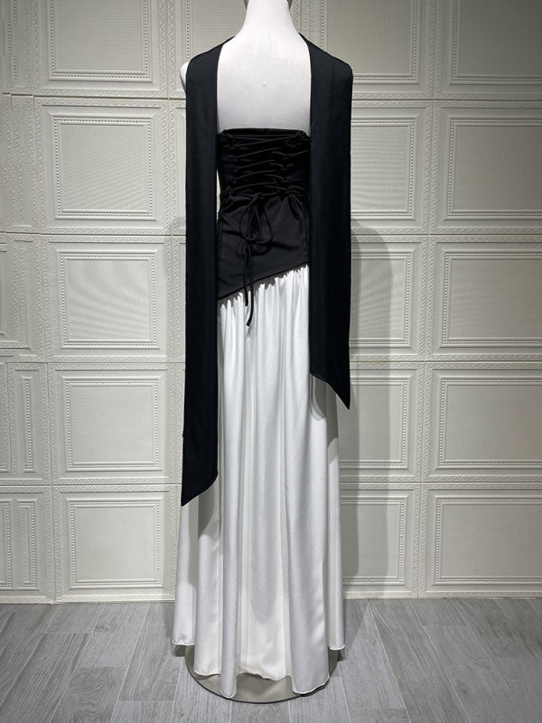 Black and White Colorblock Strapless High-slit Dress