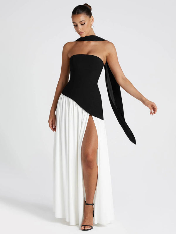 Black and White Colorblock Strapless High-slit Dress