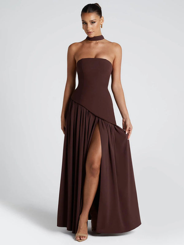 Dark brown Strapless High-slit Backless Dress