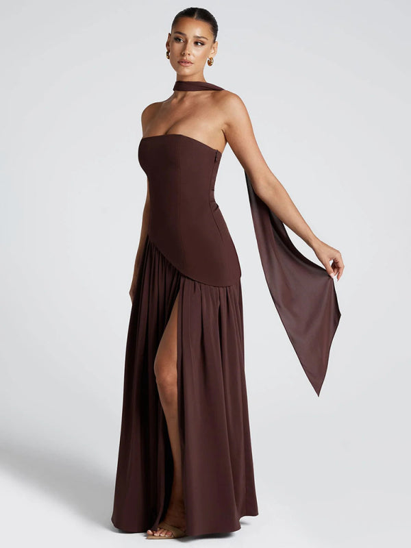 Dark brown Strapless High-slit Backless Dress