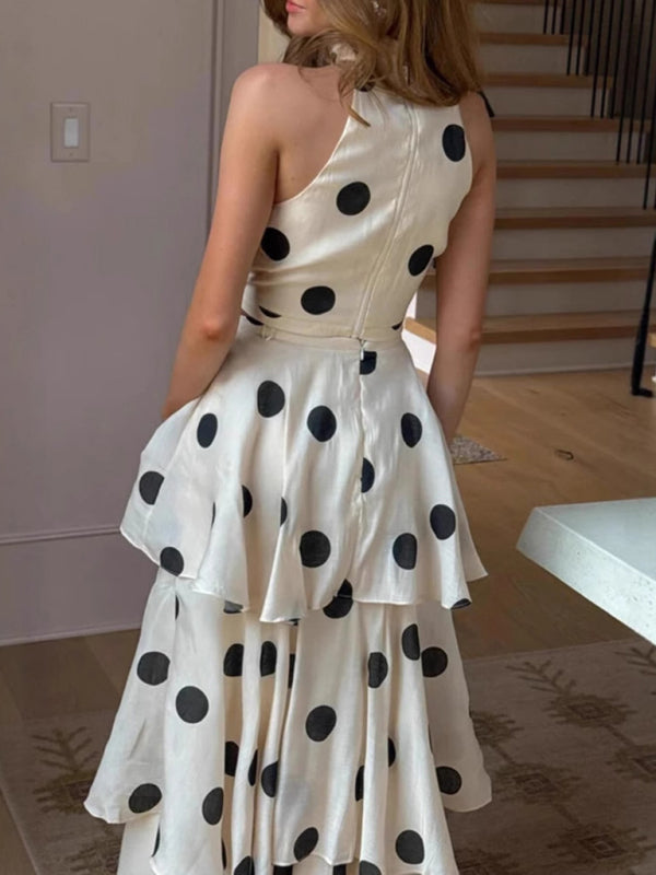 Polka Dot Halter Neck Ruffle Sleeveless Two-piece Set