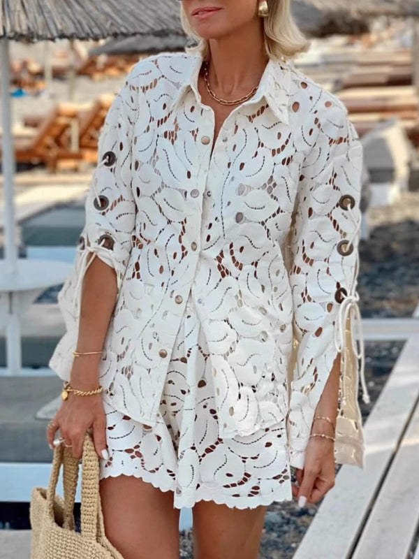 Lace Hollow Long-sleeved Shirt + Shorts Two-piece Set