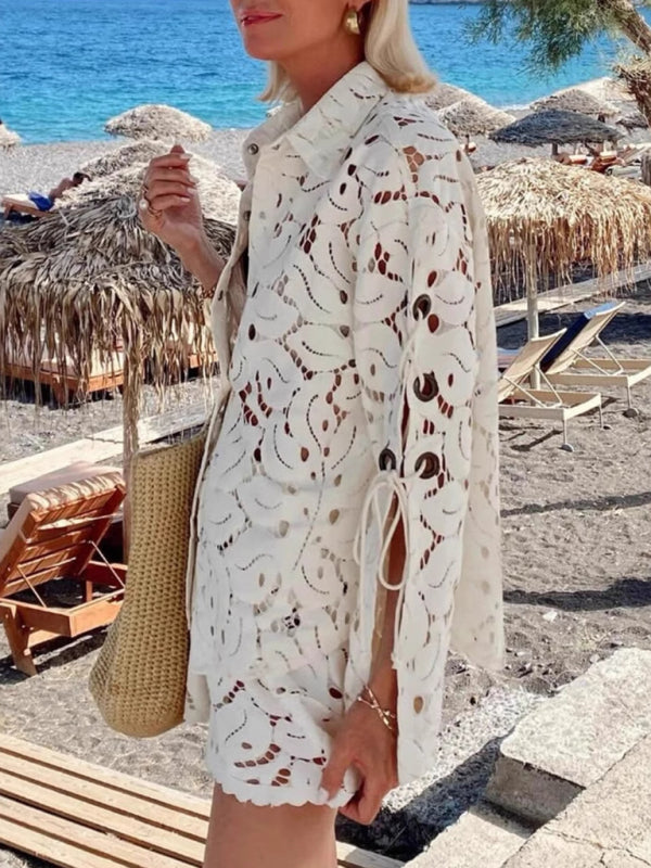 Lace Hollow Long-sleeved Shirt + Shorts Two-piece Set