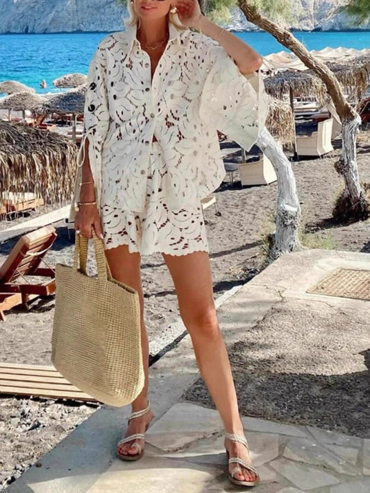Lace Hollow Long-sleeved Shirt + Shorts Two-piece Set