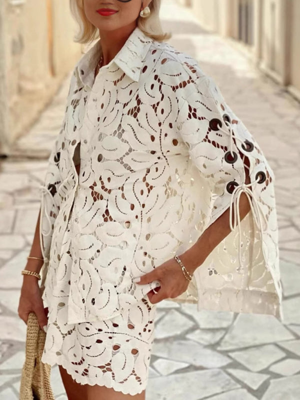 Lace Hollow Long-sleeved Shirt + Shorts Two-piece Set