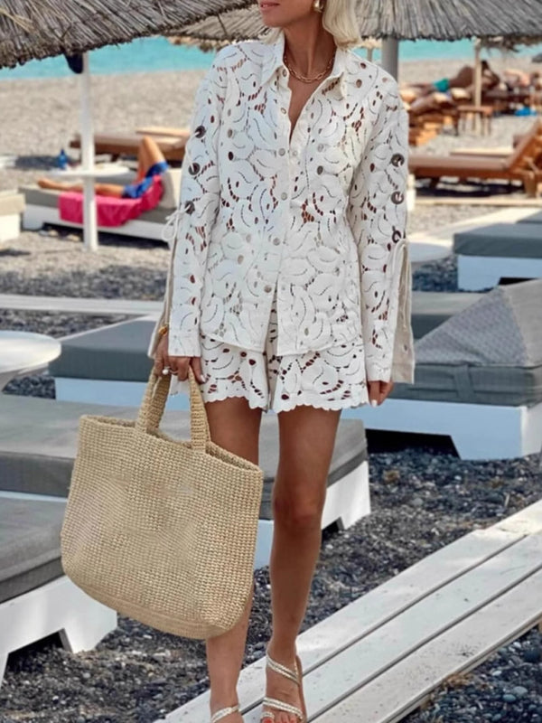 Lace Hollow Long-sleeved Shirt + Shorts Two-piece Set