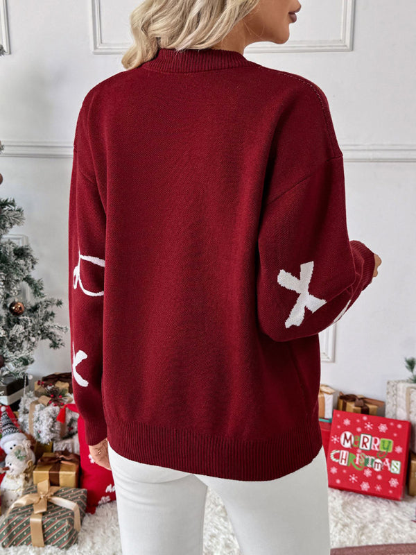 Bow Print Round-neck Long-sleeve Sweater