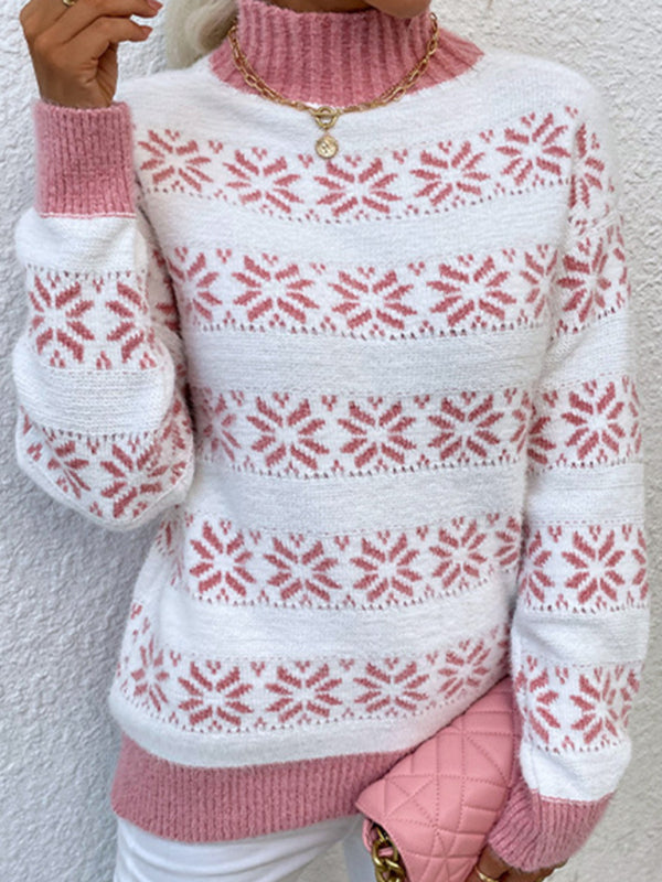 Christmas Snowflake Half Turtleneck Knitted Sweater