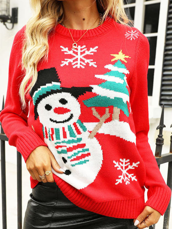 Christmas Tree Snowman Print Knitted Sweater