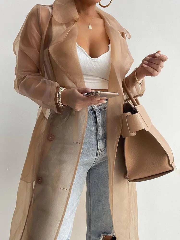 Mesh See-Through Tie-belt Coat