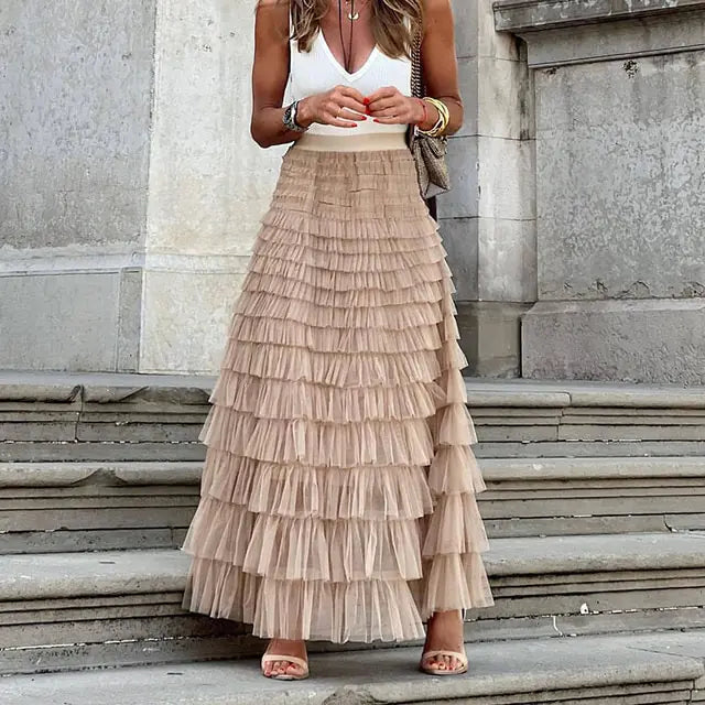 Ruffle Elastic Waist Long Skirt