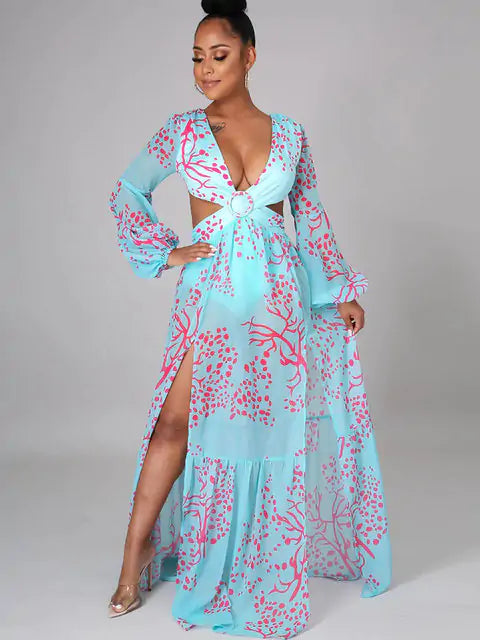 Hollow Lantern Sleeve Maxi Dress