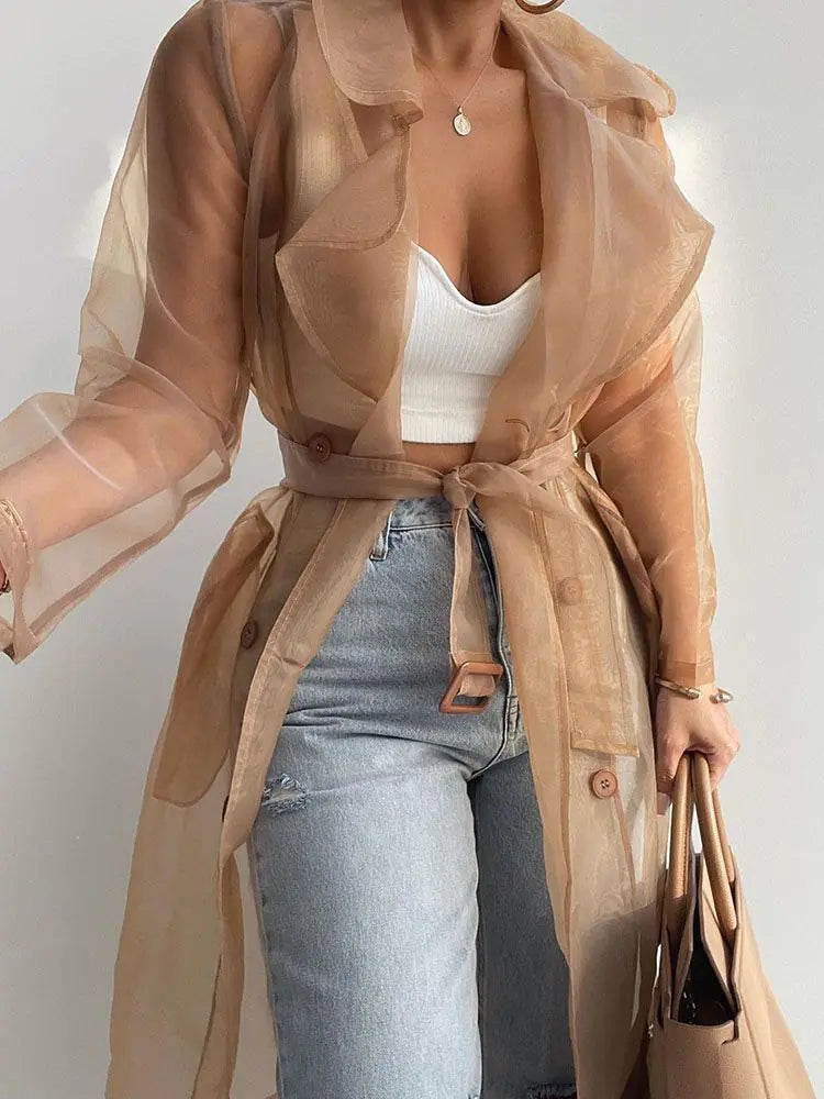 Mesh See-Through Tie-belt Coat