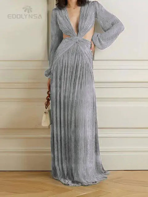 Hollow Lantern Sleeve Maxi Dress