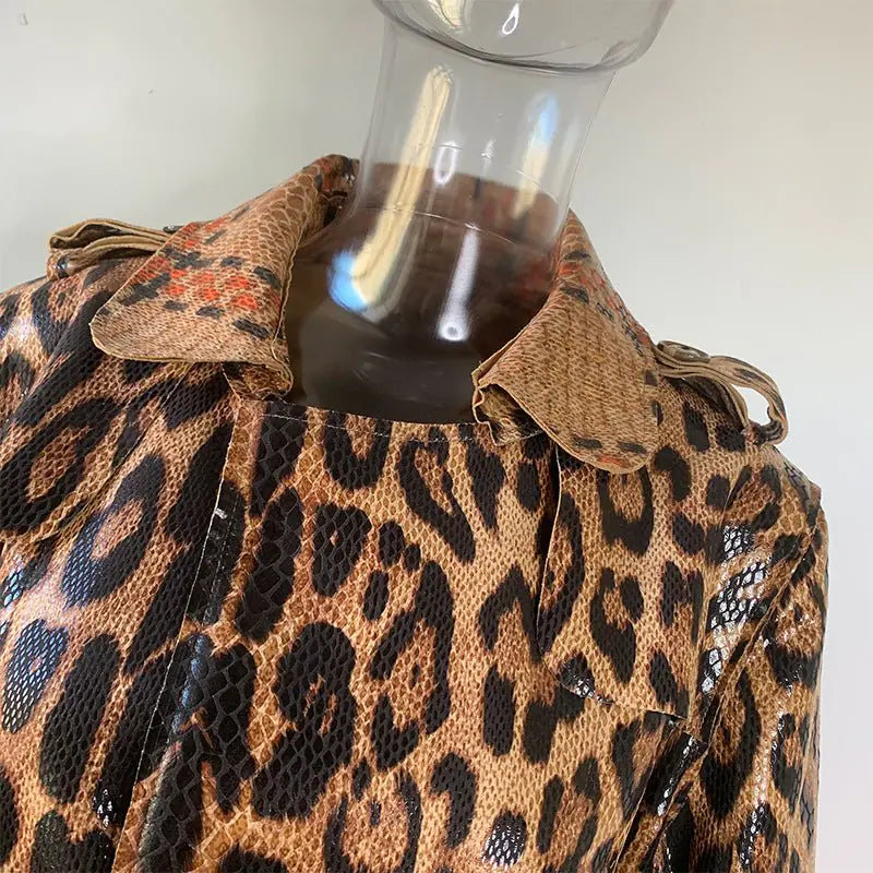 Leopard Print PU Leather Trench Coat