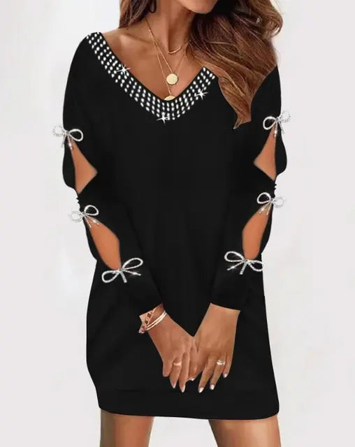 Lace V-neck Hollow Bowknot Long Sleeve Dress