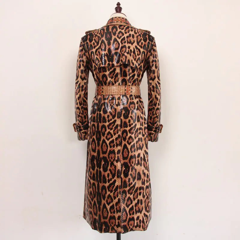 Leopard Print PU Leather Trench Coat