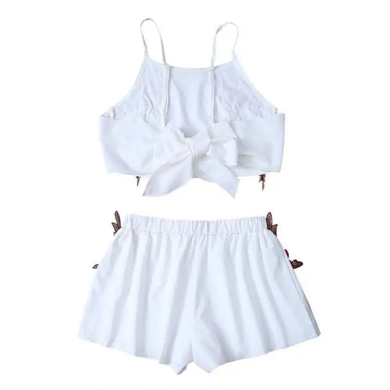 Rose Applique Bow Tie Top and Shorts Set