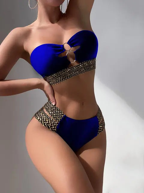 Gold Embellished Strapless Bandeau Bikini