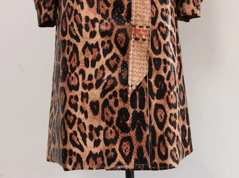 Leopard Print PU Leather Trench Coat