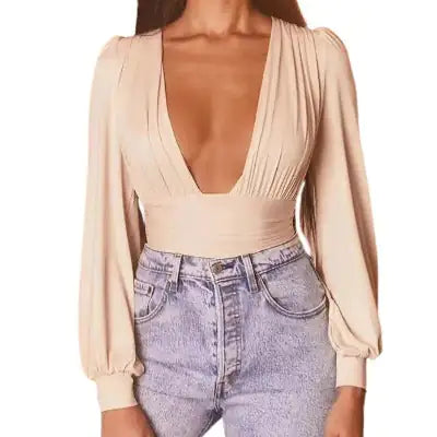 Plunging Neck Lantern Sleeve Bodysuit