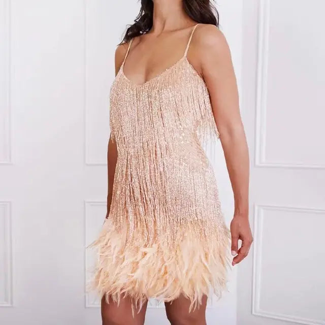 Sequined Feather Fringed Dress