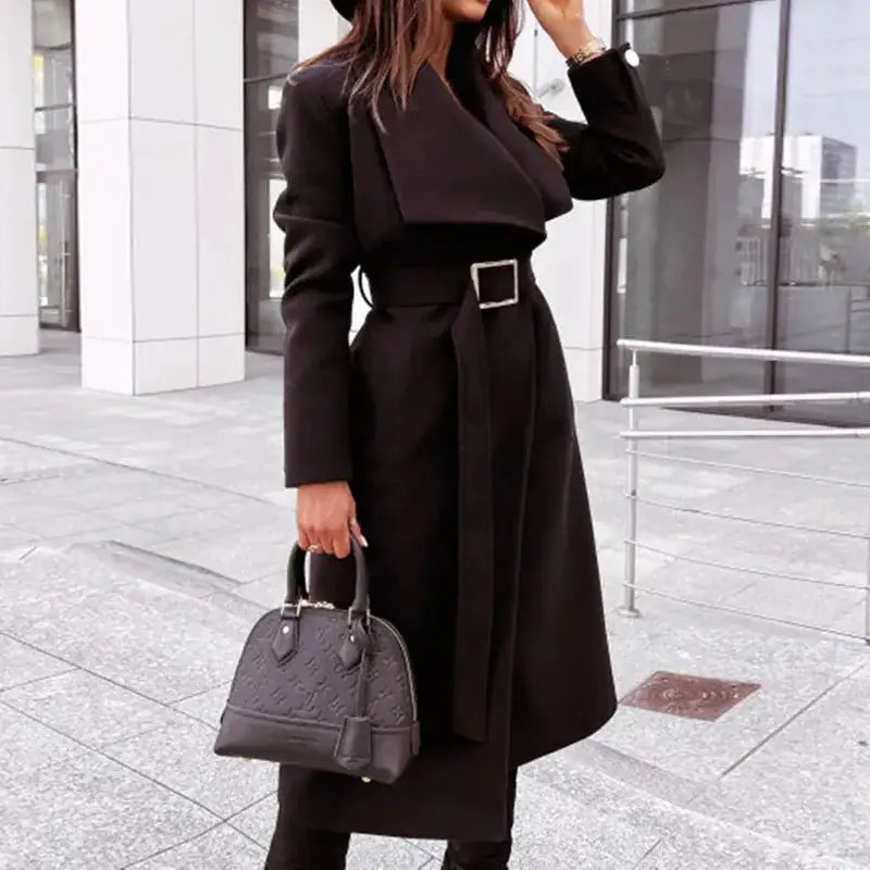 Large Lapel Long Sleeve Belted Coat